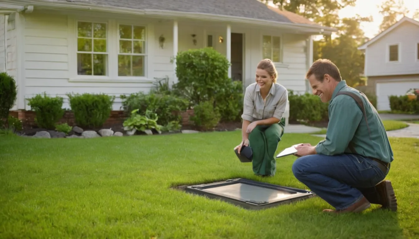 Provider inspecting a residential septic tank lid in a backyard in Bowie