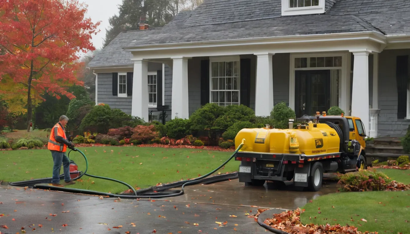 Septic pumping truck parked beside a suburban home in the Bowie area while a provider checks the tank lid