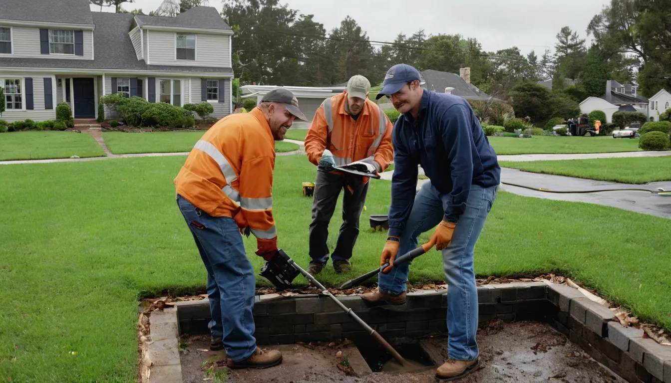 Provider reviewing a sewer camera inspection on a monitor beside a home in the Bowie area